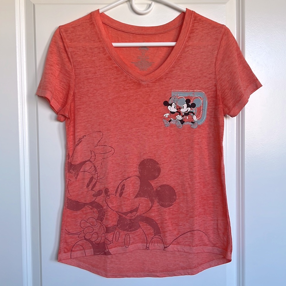 Disney T-Shirt XS Women’s Mickey & Minnie Semi Sheer Tee Orange Coral V-Neck Fun
